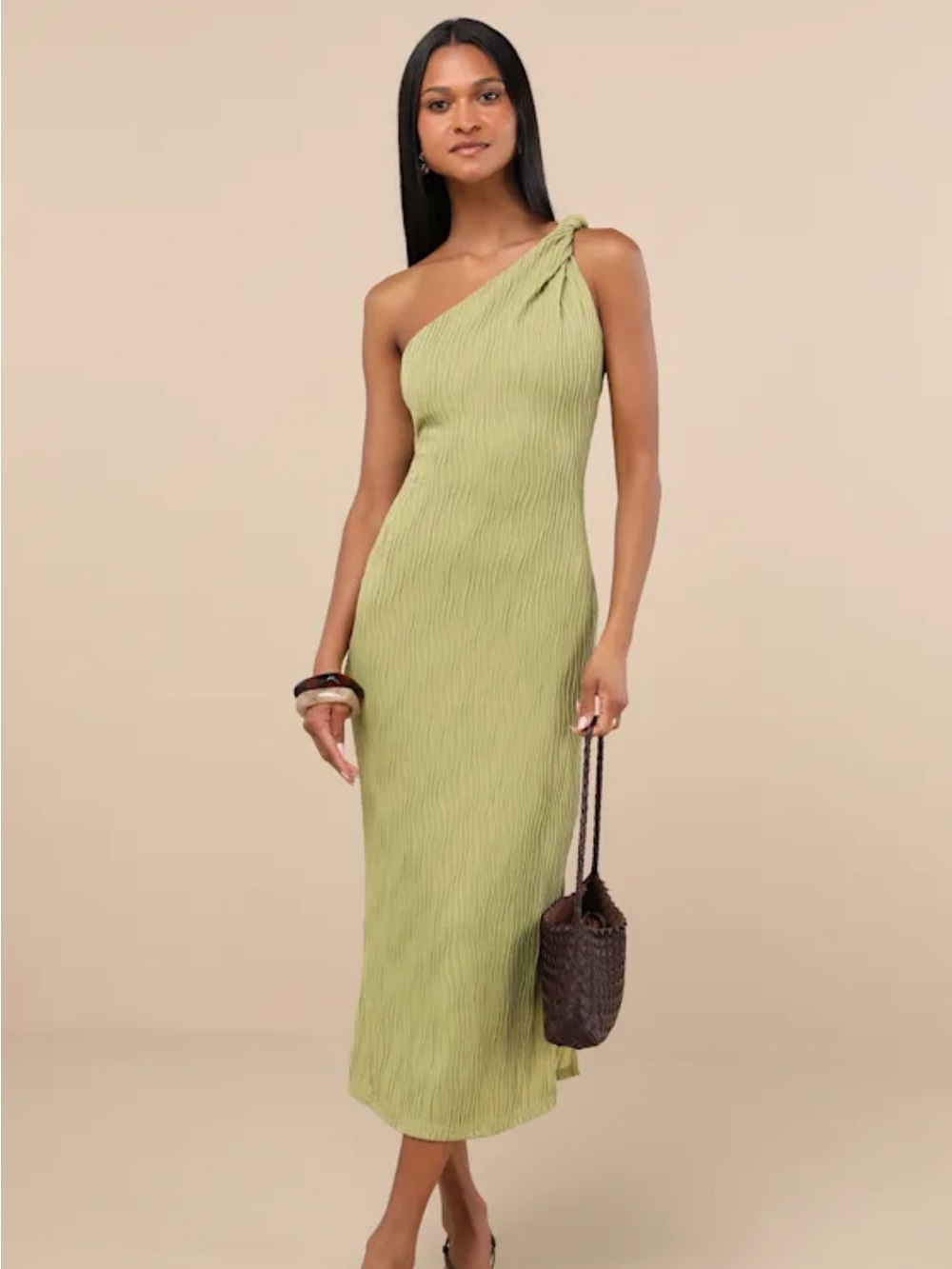 Lulu's One-Shoulder Knot Detail Olive Dress